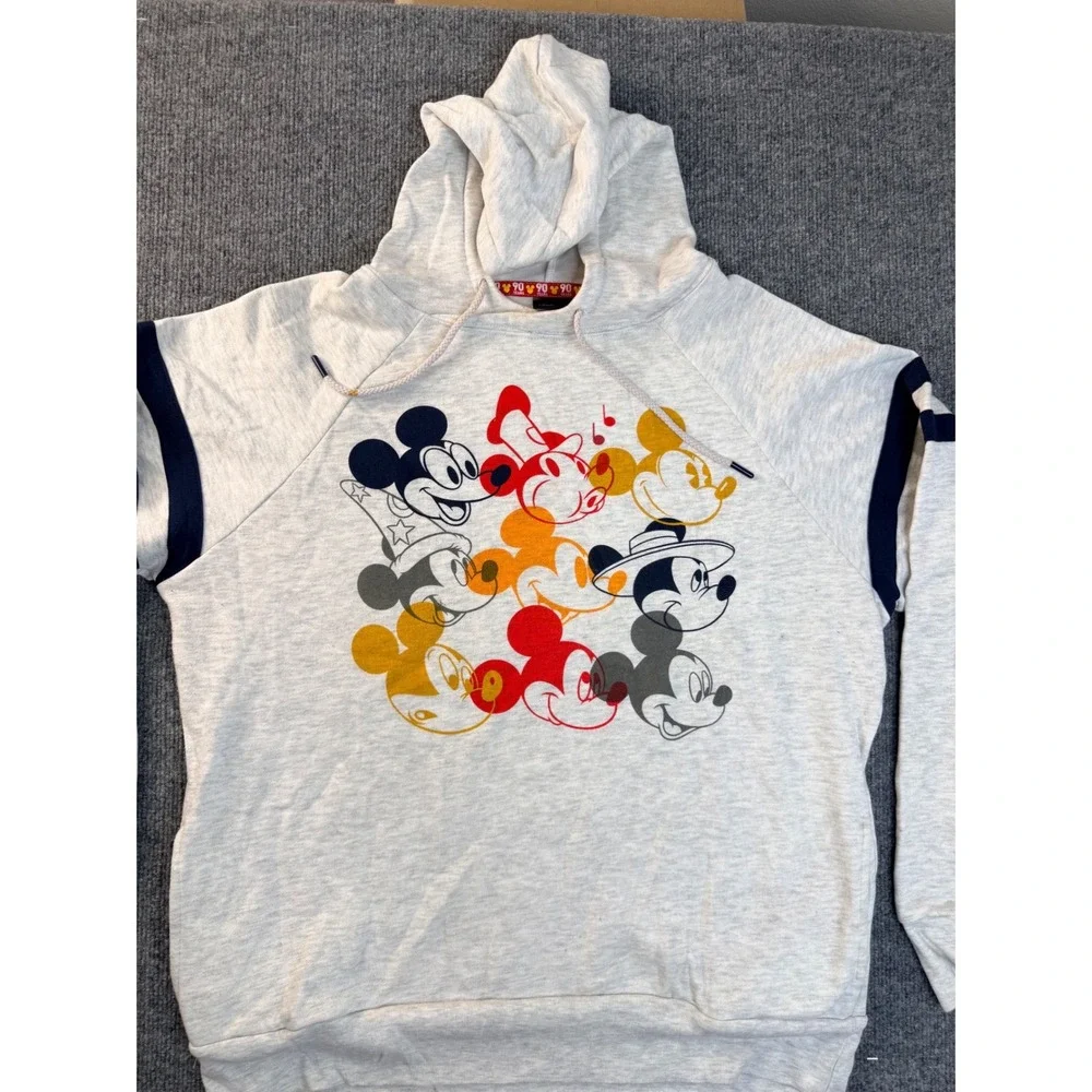Disney Mickey Mouse 90 Years Hoodie Medium Grey Navy Stripe Graphic Pullover MD